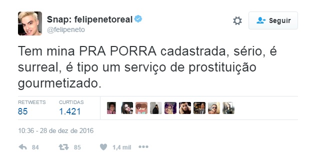 Relacionamento Sugar: Postagens de Felipe Neto no Twitter