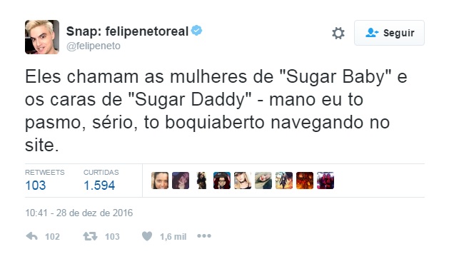 Relacionamento Sugar: Postagens de Felipe Neto no Twitter