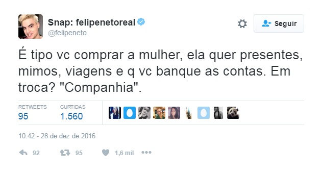 Relacionamento Sugar: Postagens de Felipe Neto no Twitter