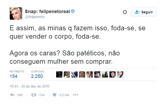 Relacionamento Sugar: Postagens de Felipe Neto no Twitter