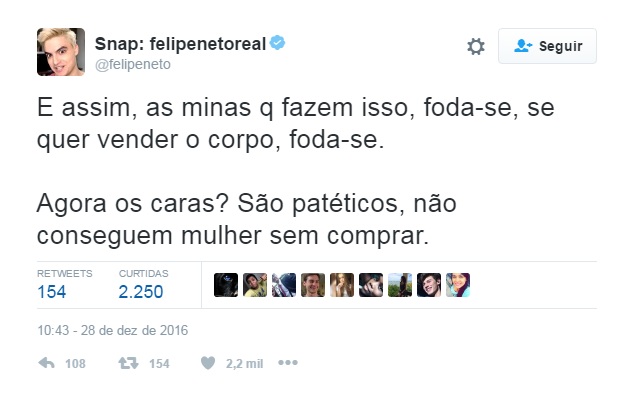 Relacionamento Sugar: Postagens de Felipe Neto no Twitter